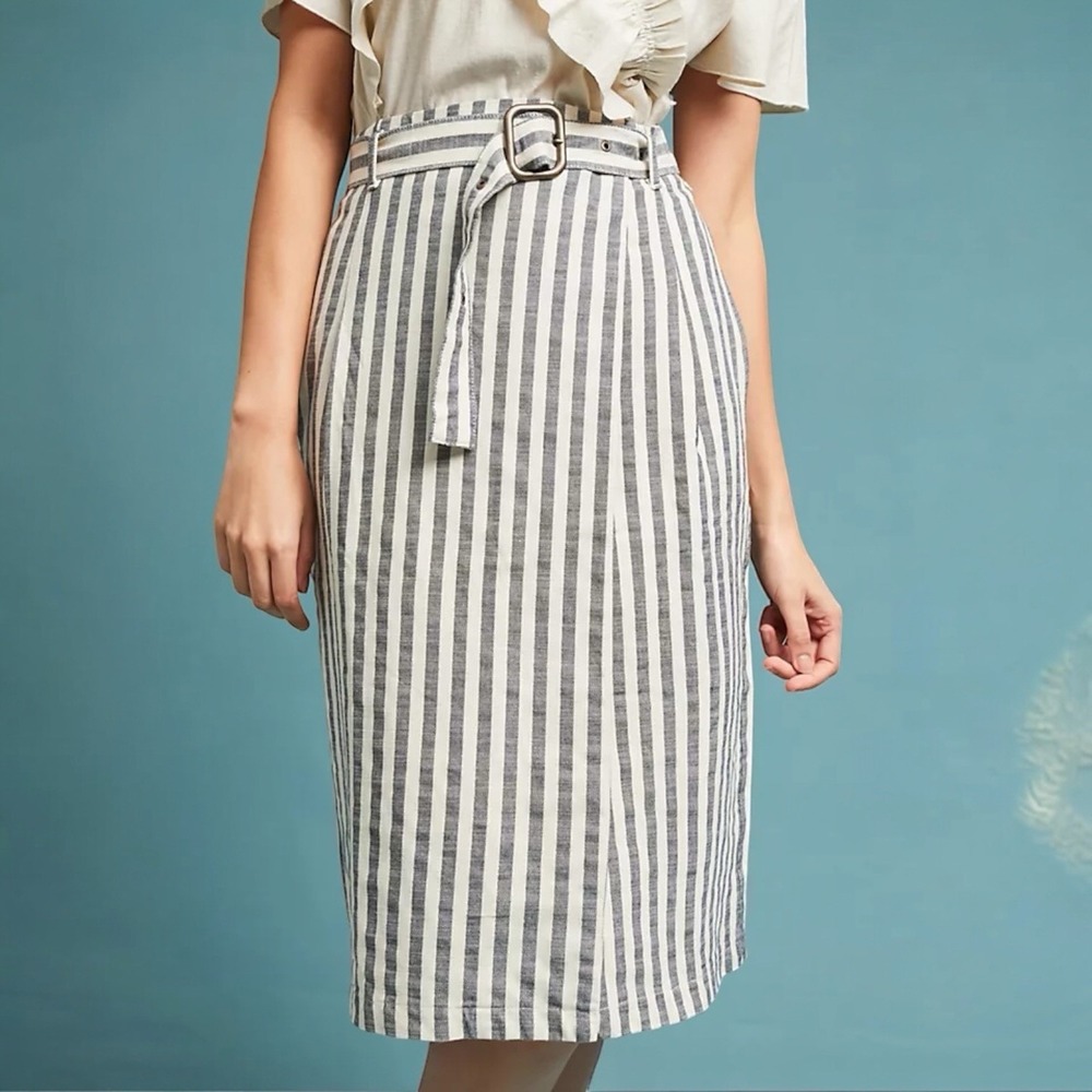 Anthropologie Wrap Skirt Womens 14 Belted‎ Midi Striped Coastal Pockets NWT